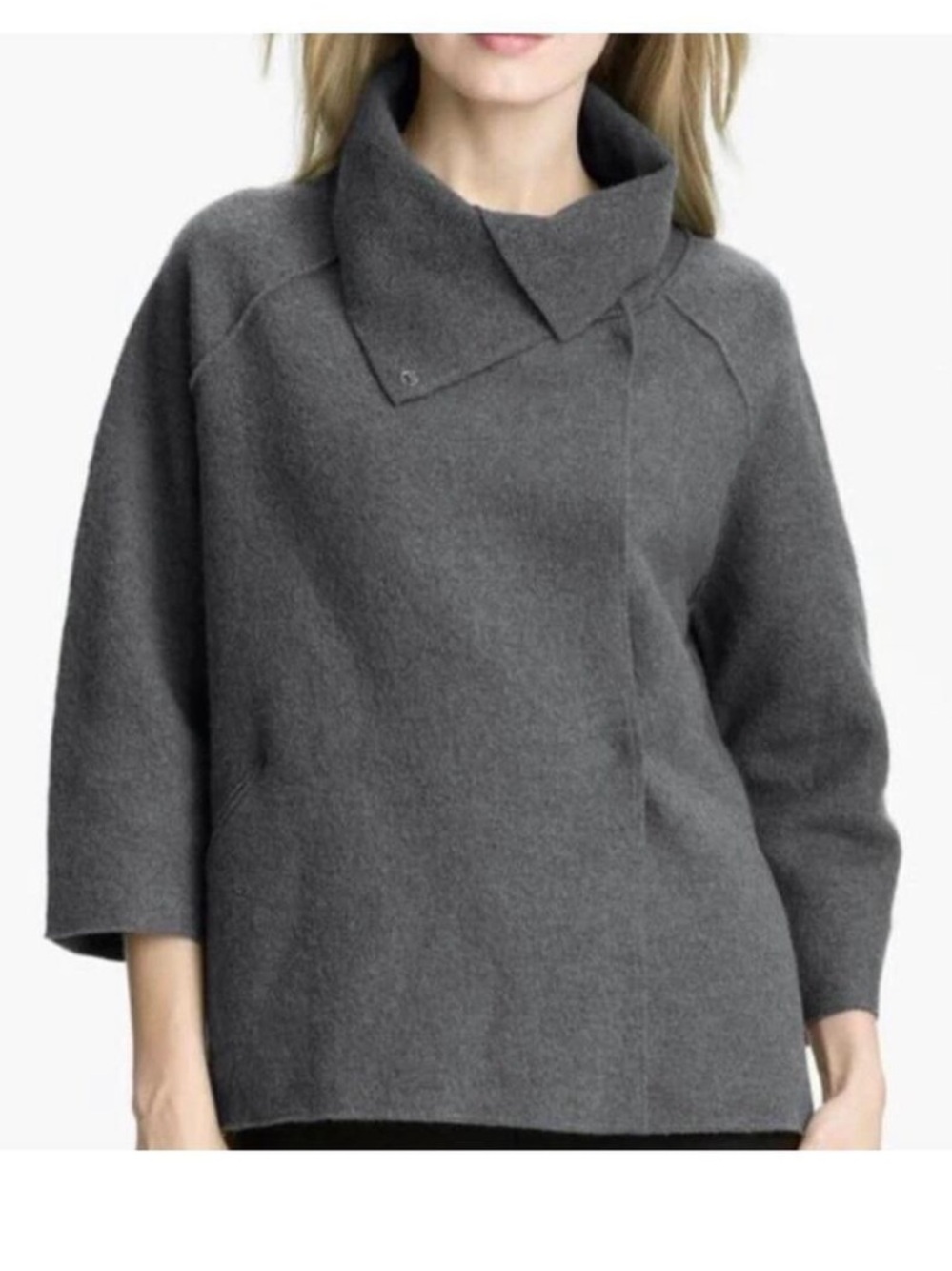 EILEEN FISHER L Charcoal Boiled Wool Asymmetrical Snap Up Jacket Coat Pockets